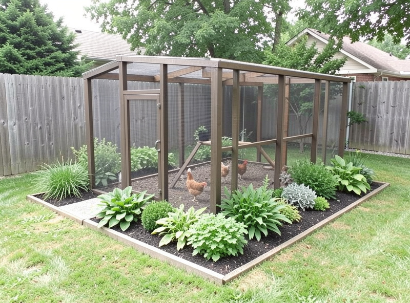 A tidy screened backyard coop with a neat garden border, blending into the yard