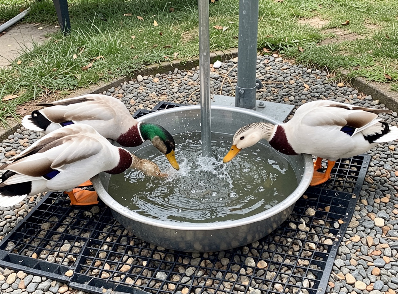 Khaki Campbell ducks at a shallow dunk water station on a gravel drain pad