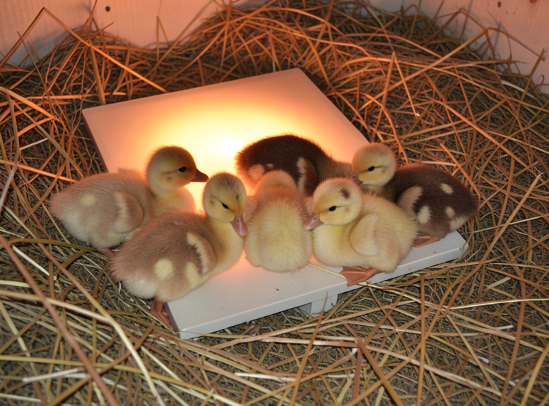 Ducklings under a heat plate in deep straw bedding