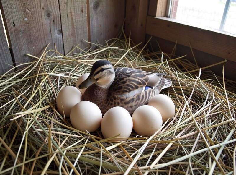 Laying duck on a clutch of large eggs in deep bedding