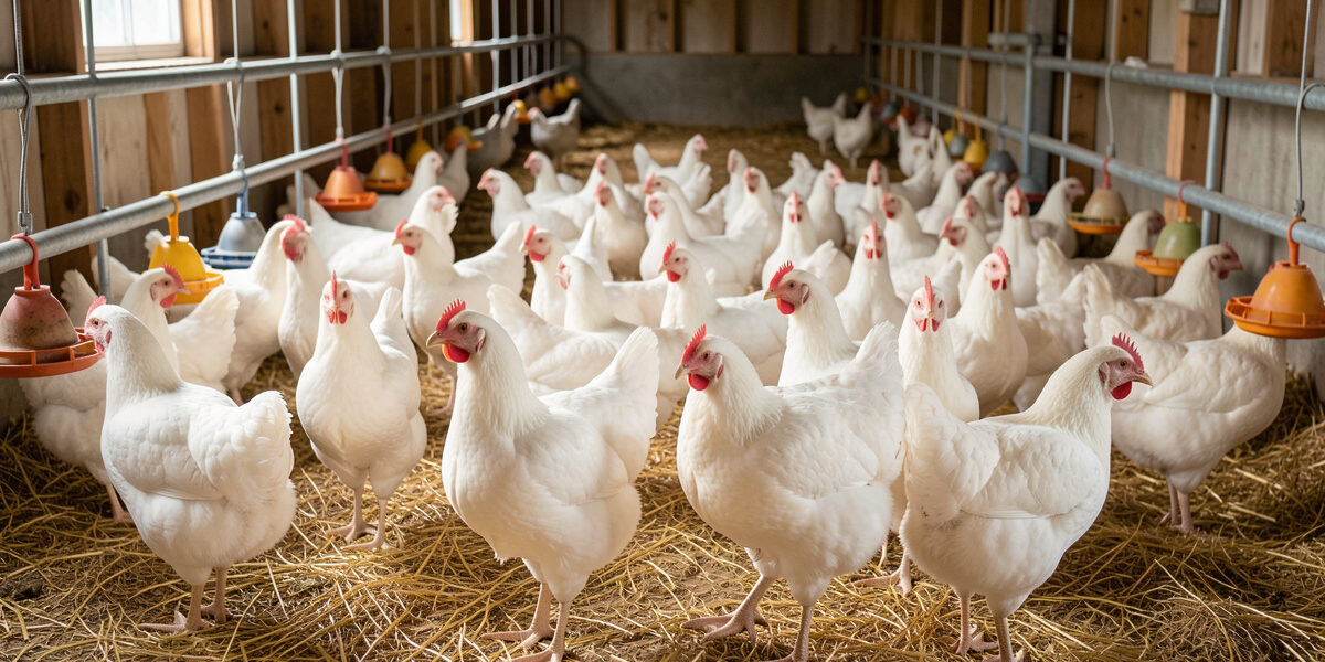 A flock of healthy white Cornish Cross broiler chickens in a clean pen