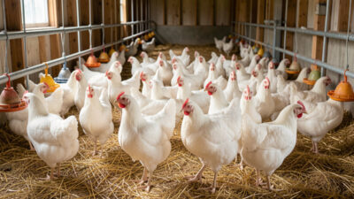 A flock of healthy white Cornish Cross broiler chickens in a clean pen