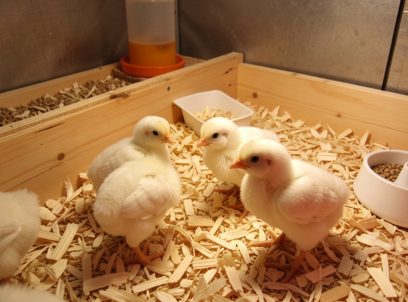 Young Cornish Cross broiler chicks in a clean brooder with a feeder and waterer