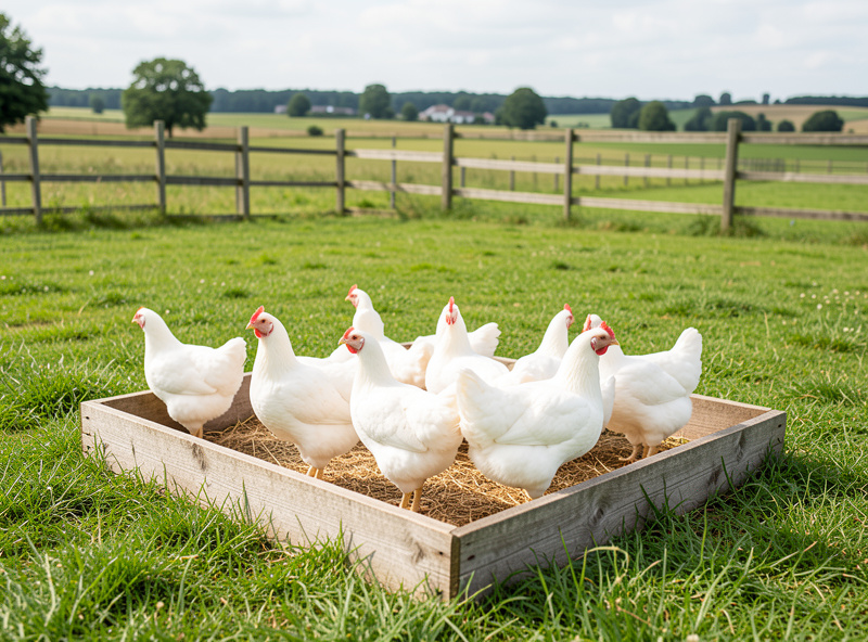 Nearly finished Cornish Cross broilers in a movable pasture pen on fresh grass