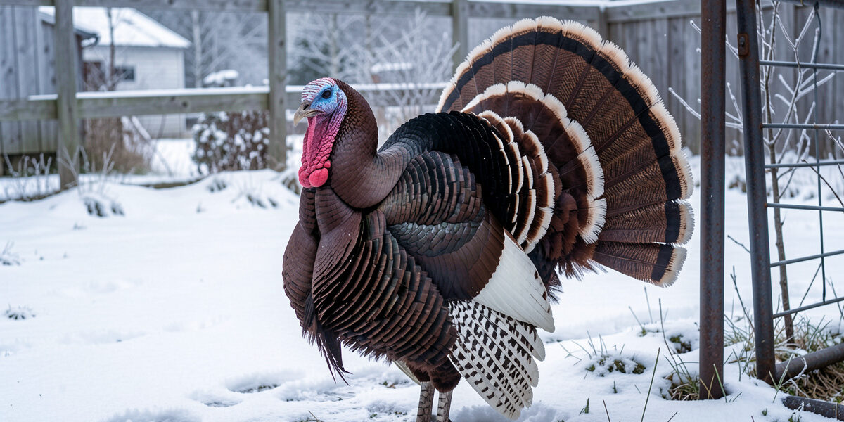A Bourbon Red heritage turkey displaying its tail in a frosty Nordic backyard near a welded steel run