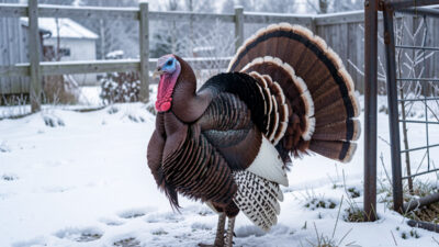 A Bourbon Red heritage turkey displaying its tail in a frosty Nordic backyard near a welded steel run