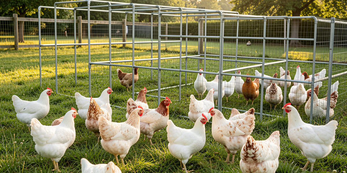 Healthy backyard meat chickens on green pasture beside a movable pen