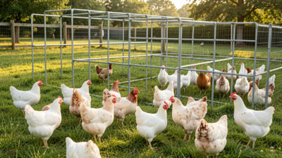 Healthy backyard meat chickens on green pasture beside a movable pen