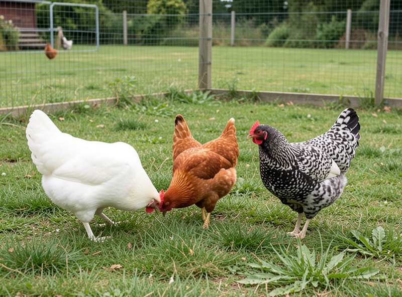 Backyard meat chickens of three types foraging in a grassy run with a welded steel frame