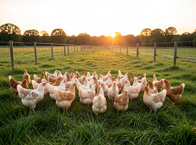 A movable pasture pen of nearly finished meat chickens on fresh grass at dusk