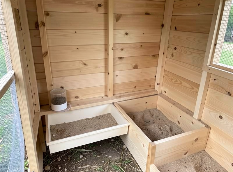 Quail hutch interior with droppings tray, feeder, and sand dust-bath corner