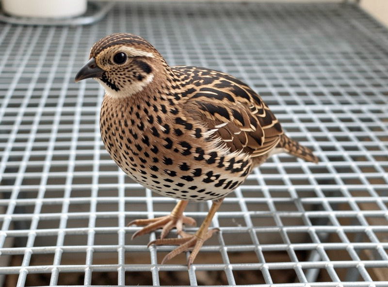 Close-up of a Coturnix quail standing on a quarter-inch mesh floor