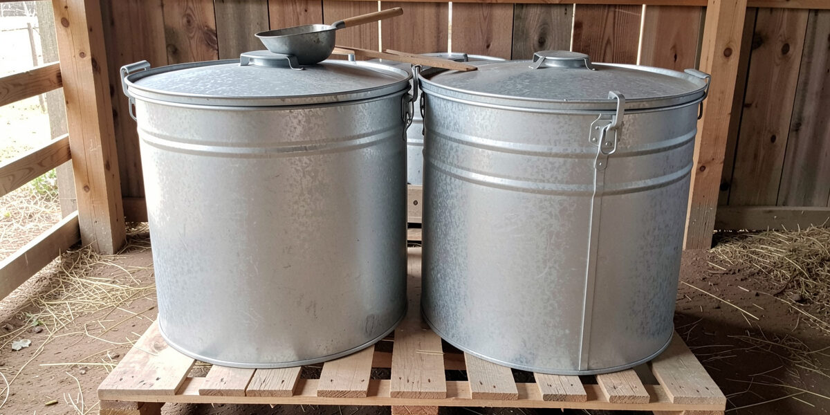 Galvanized steel feed cans with clamped lids storing chicken feed rodent-free in a shed