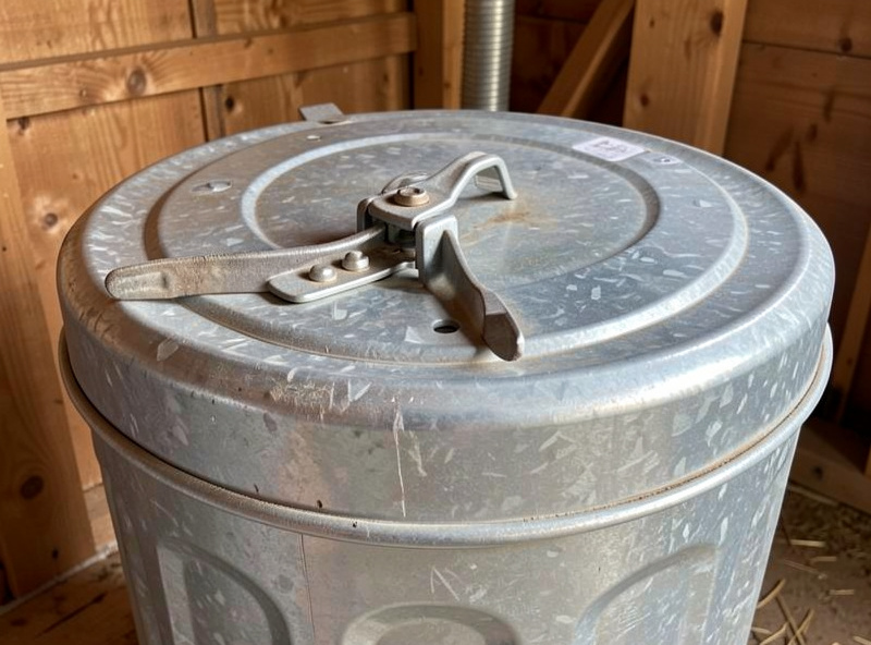 Galvanized steel feed storage cans with clamped lids raised off the floor on a pallet