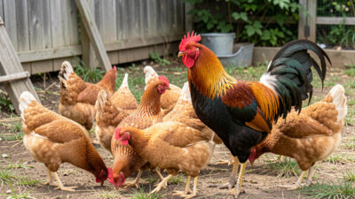Rooster standing guard over a flock of foraging hens