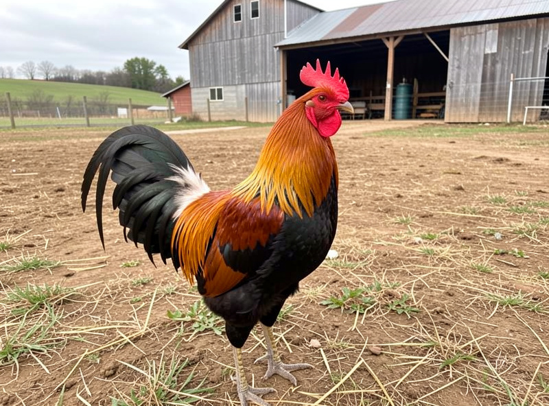 A colorful rooster standing in a rural farmyard run with open land behind it