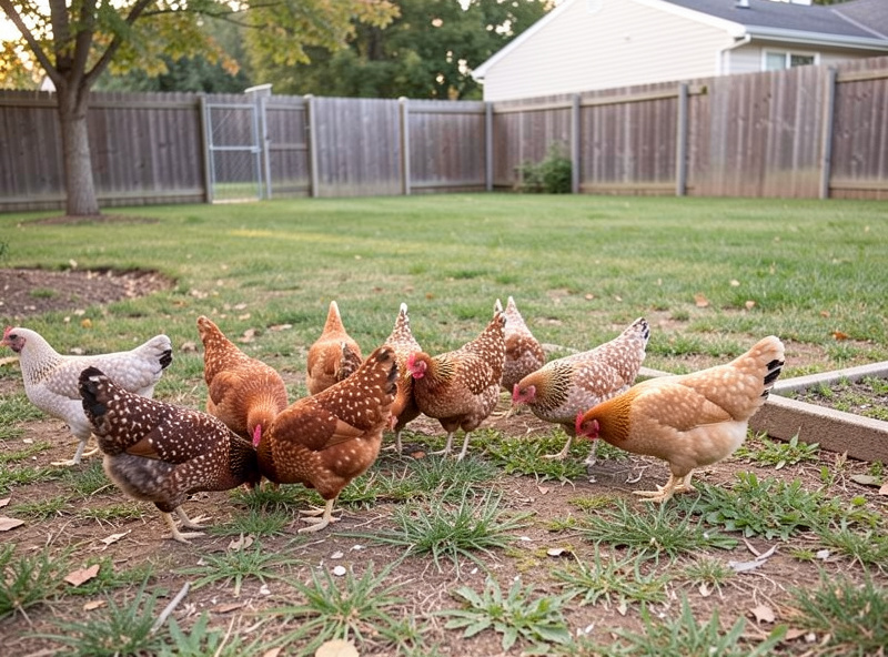 A small flock of hens laying and foraging in a backyard run with no rooster present