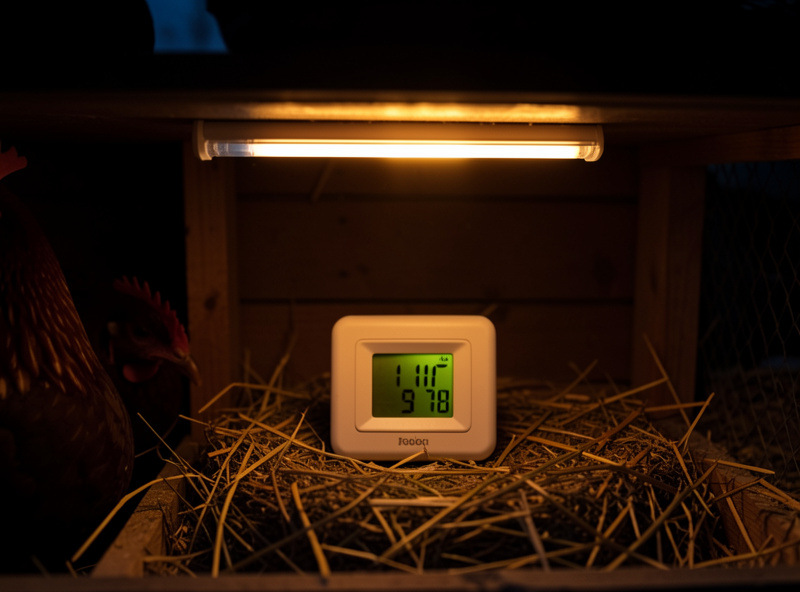 Digital outlet timer glowing in a dark coop showing an early pre-dawn time with the warm LED just switched on