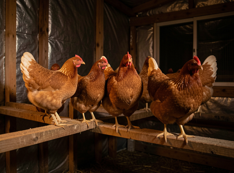 Laying hens waking on a wooden roost bar under soft warm light in the early morning darkness of a coop
