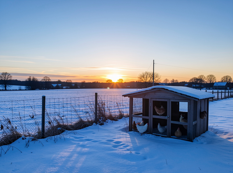 A short midwinter day with low sun over a snowy rural landscape and a small chicken coop in the foreground