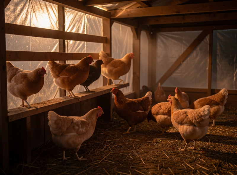 Calm hens feeding under gentle warm light in the pre-dawn darkness of an insulated coop