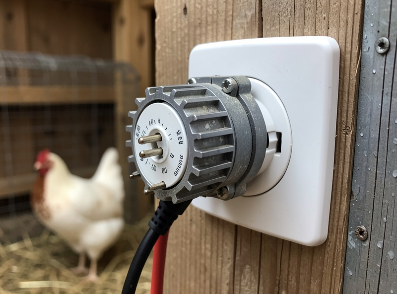 Close-up of a mechanical dial outlet timer with rotating pins plugged into a socket near a coop