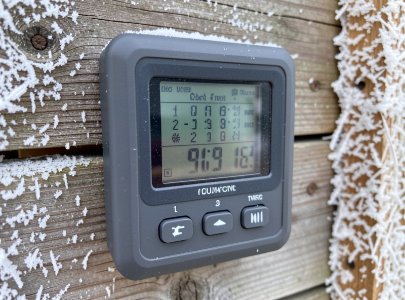 Weatherproof digital outlet timer with an LCD schedule display mounted on a coop wall with frost nearby