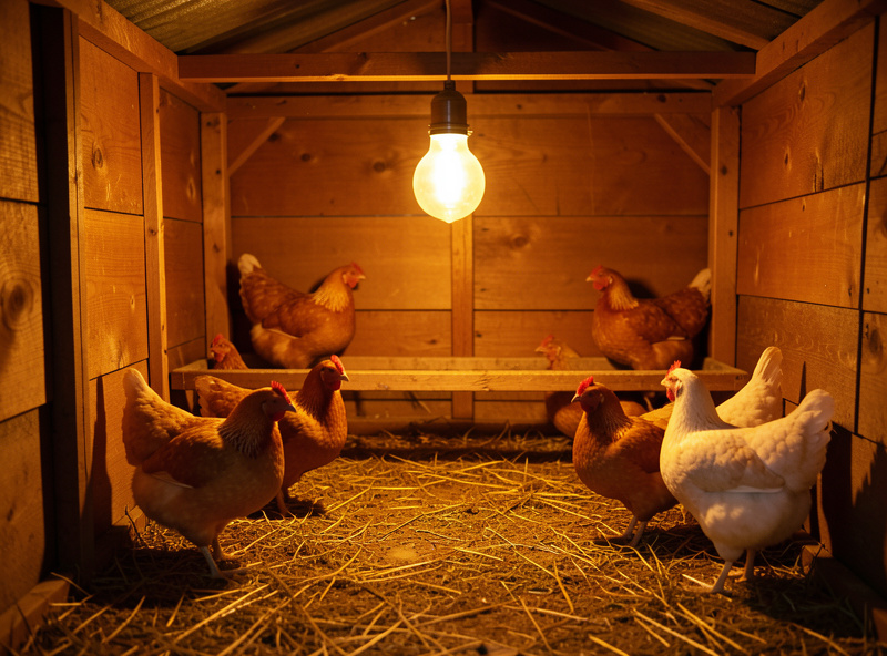 A warm amber 2700K LED bulb glowing softly inside a wooden chicken coop with calm hens