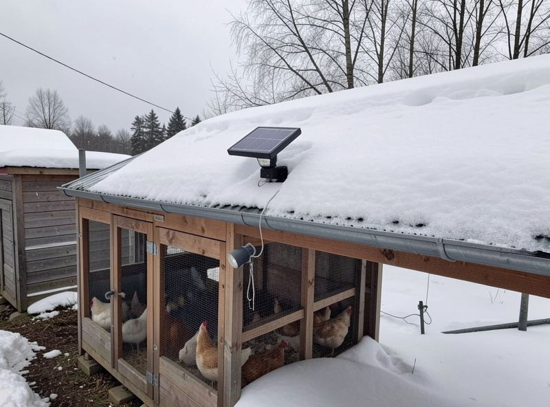 A small solar-powered light fixture mounted on a snow-dusted chicken coop in overcast winter light