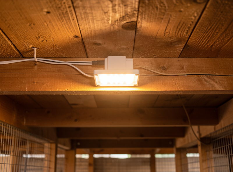 A wired low-voltage LED light fixture inside a coop with a neat cable run along the ceiling beam