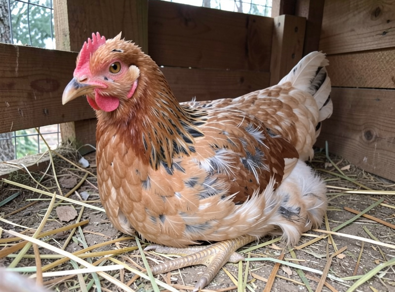 A hen in mid-molt with patchy feathers and pin feathers coming through, resting calmly in a coop