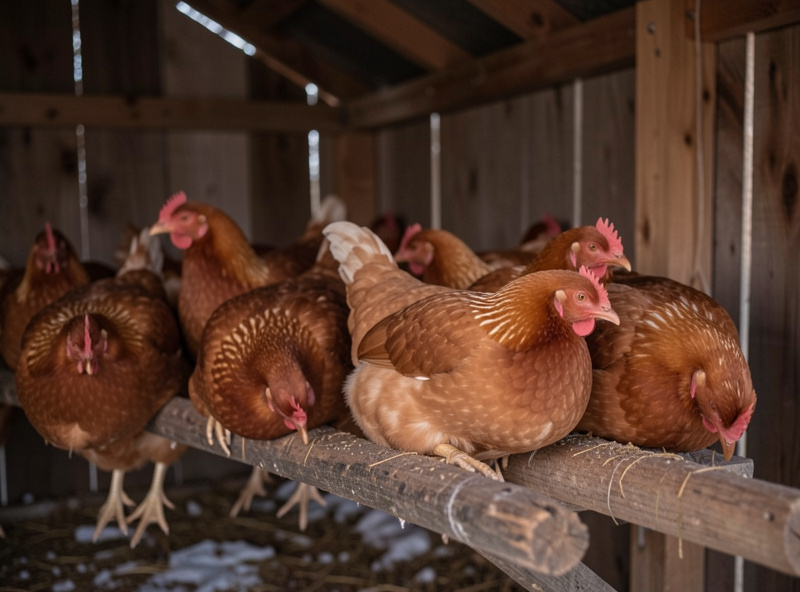 Hens resting peacefully on a roost in a softly lit coop in the natural dim of a winter afternoon