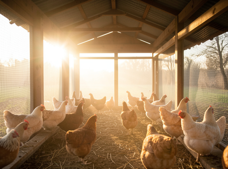 A coop interior with the light gradually brightening at dawn, soft warm glow rising over the roosting hens