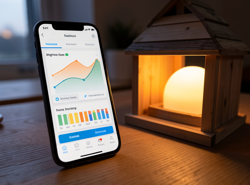 A smartphone showing a Home Assistant brightness ramp automation beside a softly glowing coop light at pre-dawn