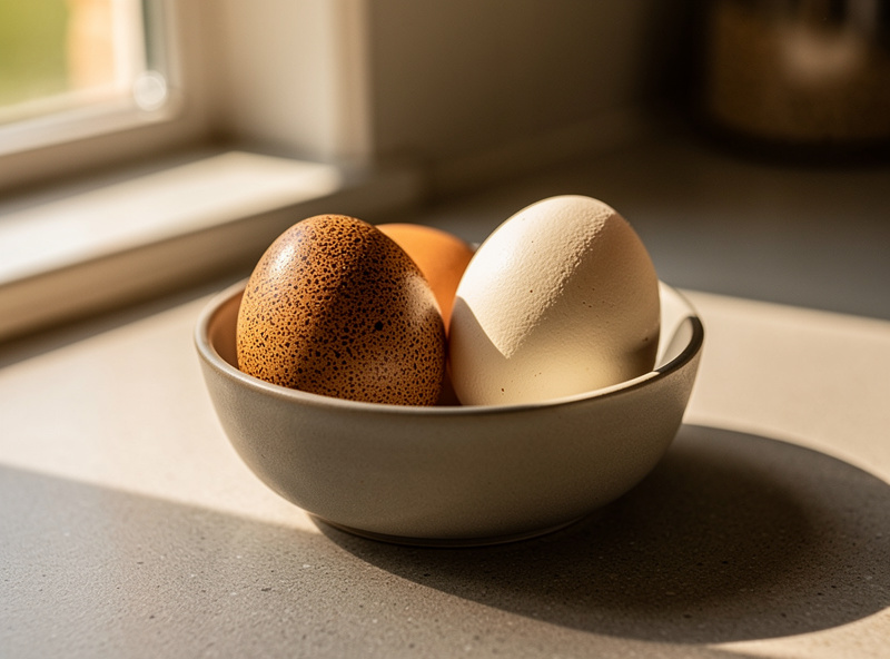 Two fresh backyard eggs in a ceramic bowl on a kitchen counter next to a water glass, morning light, warm editorial food photography