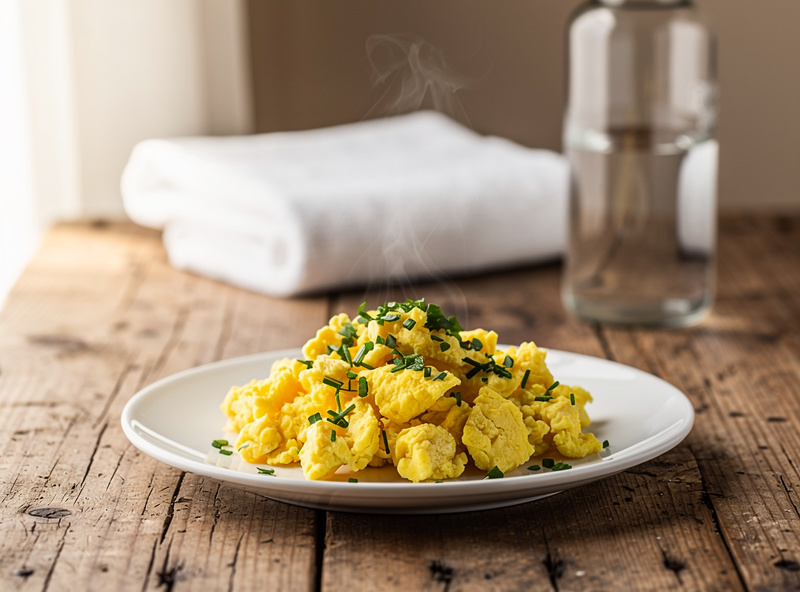 Plate of scrambled eggs with herbs on a wooden table, sauna towel and water bottle in soft background, post-workout wellness meal photography