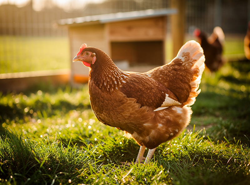 Hen on green pasture with nesting box in background, warm golden hour light, free-range chicken photography with editorial style