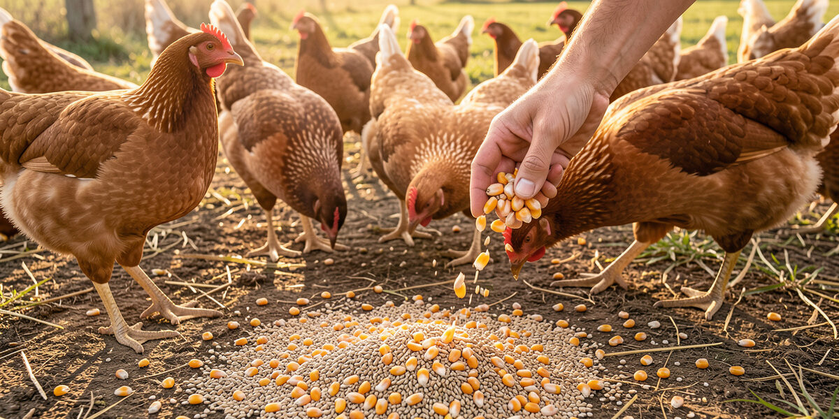 Handful of scratch grains scattered as a dusk treat for backyard chickens