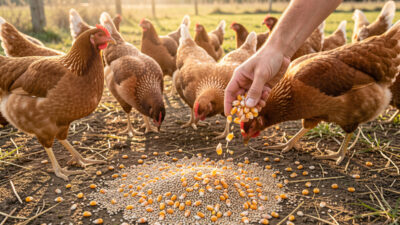Handful of scratch grains scattered as a dusk treat for backyard chickens