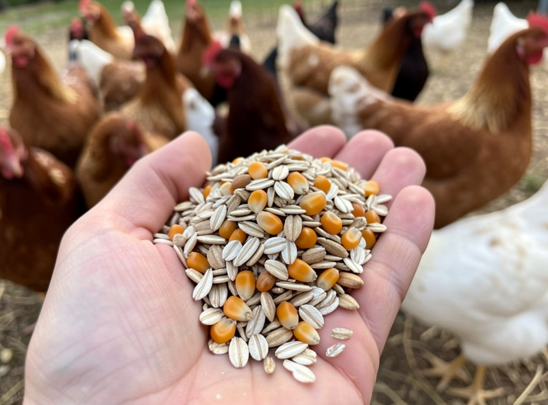 A handful of cracked corn and grain scratch mix being scattered for a foraging flock
