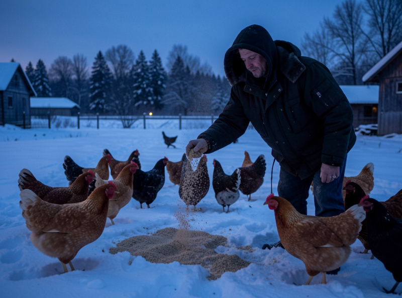 A keeper scattering scratch grains in the snow at dusk for a winter flock