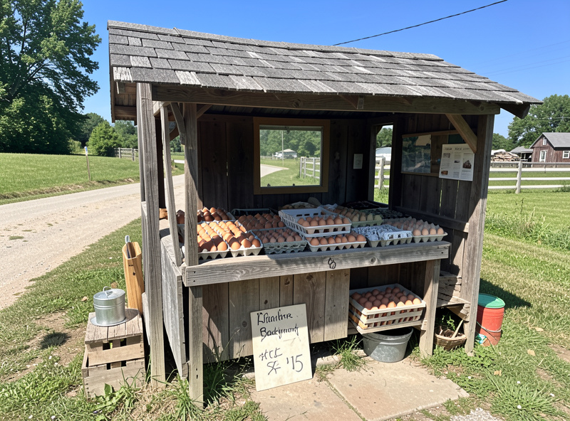 A small roadside farm stand with cartons of backyard eggs and a handwritten price sign