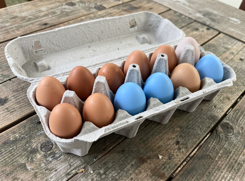 Fresh brown and blue backyard chicken eggs in a recycled pulp carton on a wooden farm table