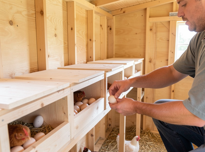 Keeper collecting eggs from a row of roll-away nesting boxes inside a clean insulated chicken coop