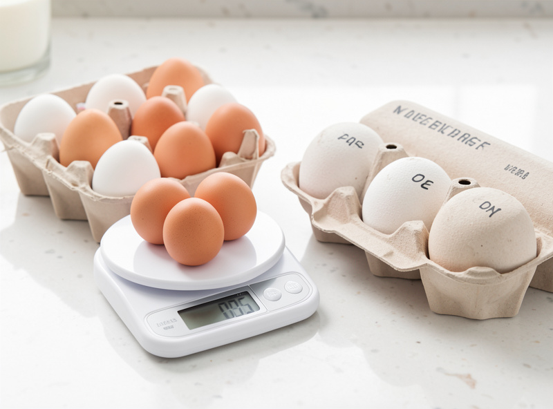 Backyard eggs being weighed on a small digital egg scale next to labeled cartons