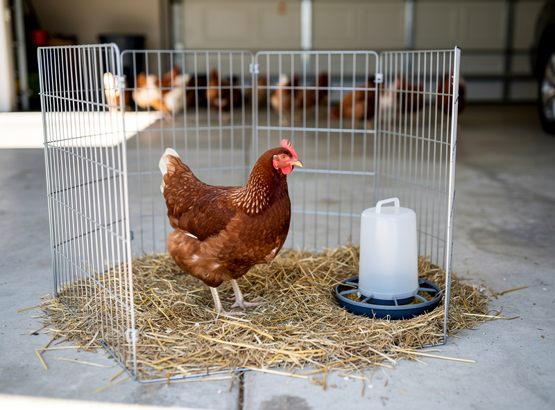 A newly acquired hen kept in a separate quarantine pen apart from the main flock