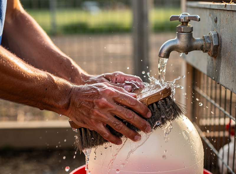 A keeper cleaning a poultry waterer with a brush at an outdoor tap