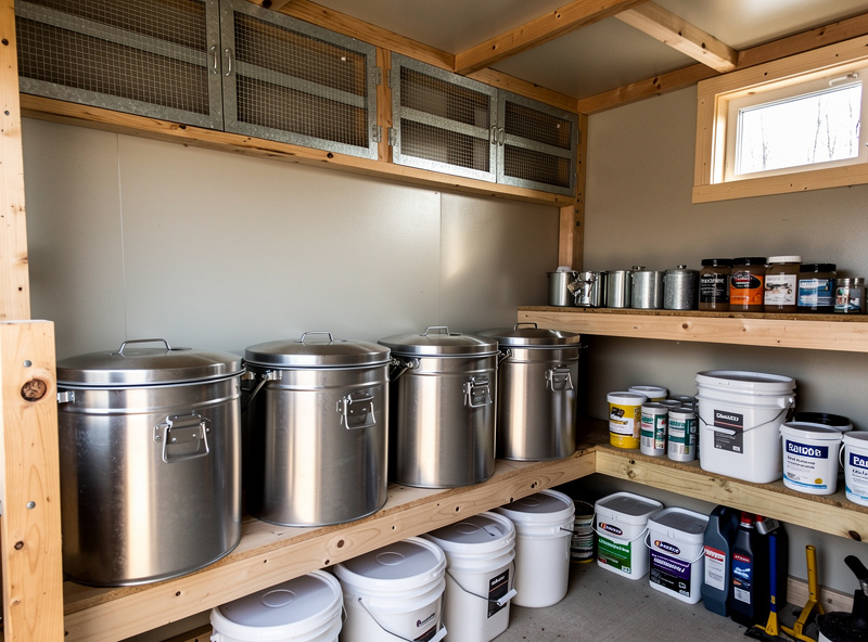 Sealed metal feed storage bins with lids in a tidy coop shed to exclude rodents