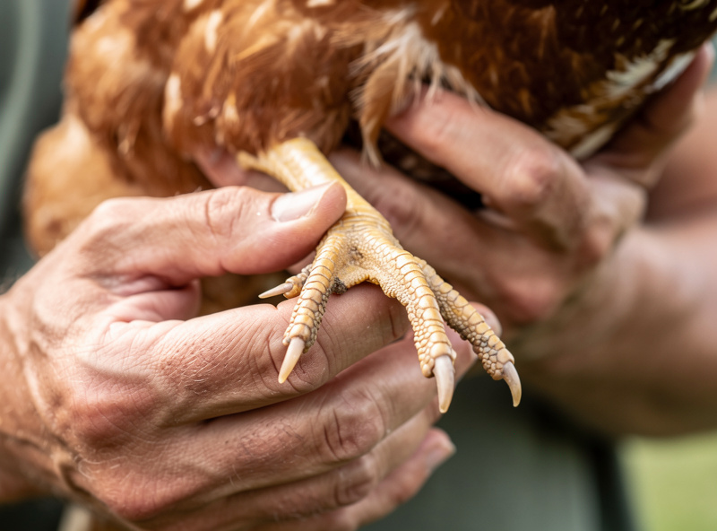 A keeper gently checking the underside of a calm hen's footpad