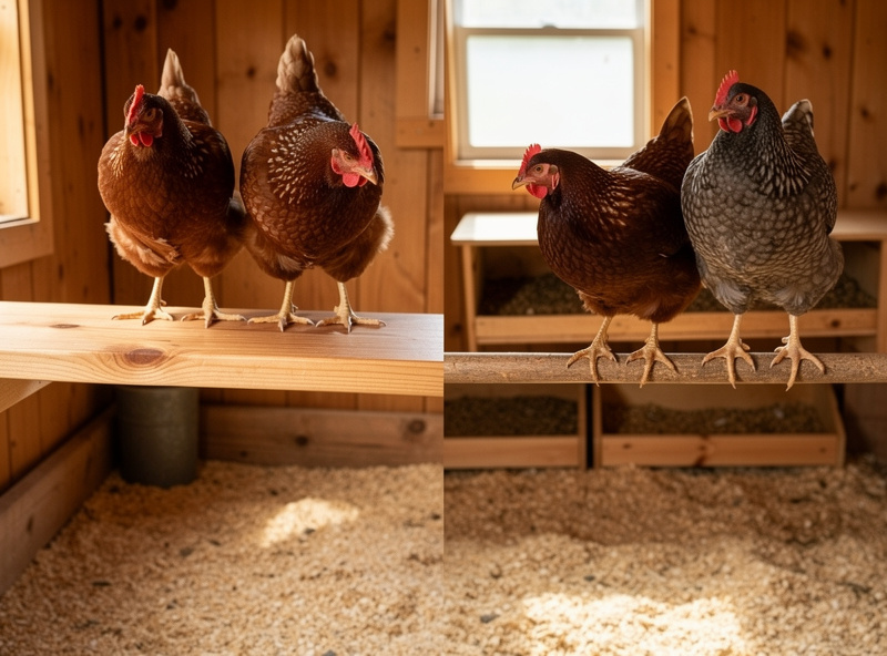 Comparison of a wide flat roost board versus a thin round dowel perch in a coop